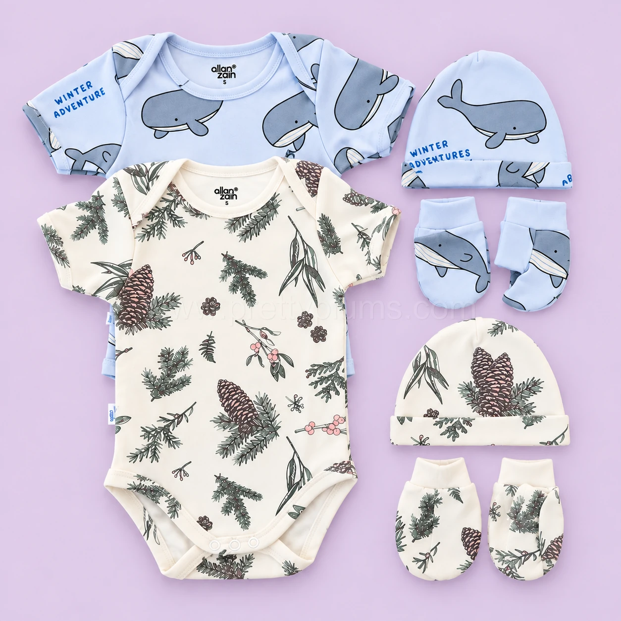 Premium Half-Sleeve Romper and Cap Set Combo Pack of 2 - Whale and Pinecone - AZBS