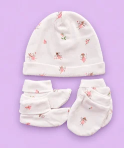 Cap, Mittens and Booties Set - White with Fairy Girl - CS1