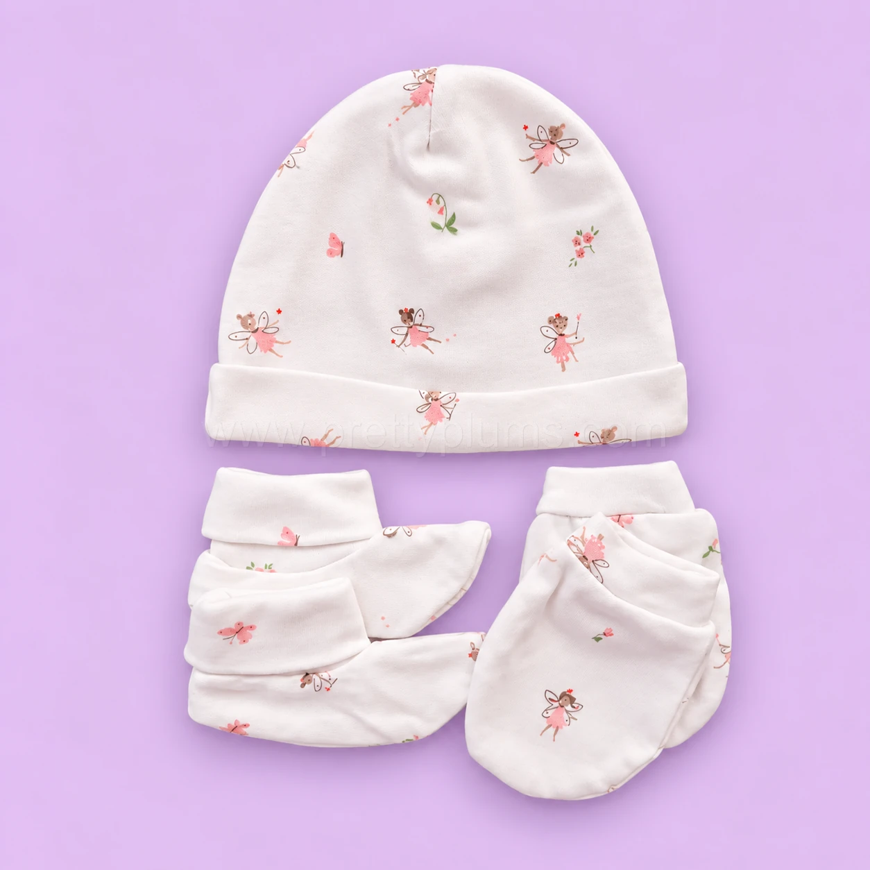 Cap, Mittens and Booties Set - White with Fairy Girl - CS1