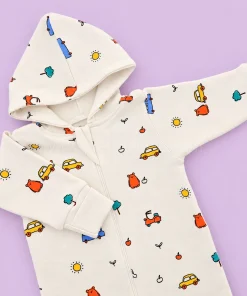 Hooded Sleeping Suit - Light Cream with Vehicles - SS1 - Image 2