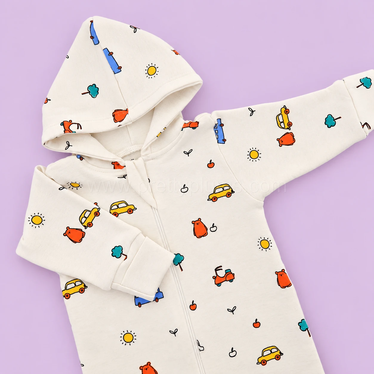 Hooded Sleeping Suit - Light Cream with Vehicles - SS1 - Image 2