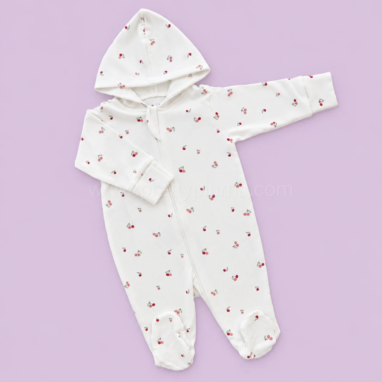 Hooded Sleeping Suit - Off White with Small Cherry - SS1