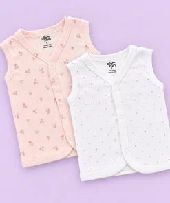 Sleeveless Jhabla Front Button (Pack of 2) - Pink Floral and White with Grey Dot - JH1
