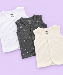 Sleeveless Jhabla Front Button (Pack of 3) - White with Blue Star, Grey Moon and Off White - JH1