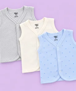Sleeveless Jhabla Front Button (Pack of 3) - Grey Strip, Off White and Blue with Blue Star - JH1