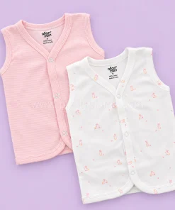 Sleeveless Jhabla Front Button (Pack of 2) - Pink Strip and White with Pink Rabbit - JH1