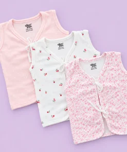 Front Knot Sleeveless Jhabla (Pack of 3) - Pink with White Dot, Pink Small Floral and Cherry - JH1