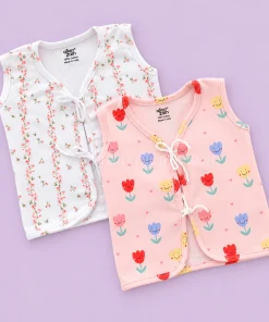 Front Knot Sleeveless Jhabla (Pack of 2) - Pink with Pink Flower and  Pink Small Line Floral - JH1