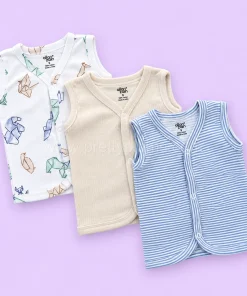 Sleeveless Jhabla Front Button (Pack of 3) - Blue Strip, Beige and Paper Rocket - JH1