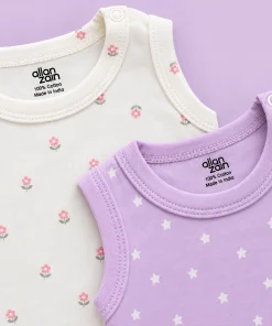 Sleeveless Romper/Onesie - Combo Pack of 2 - Pink Floral - Purple with White Star - AZBS - Image 2