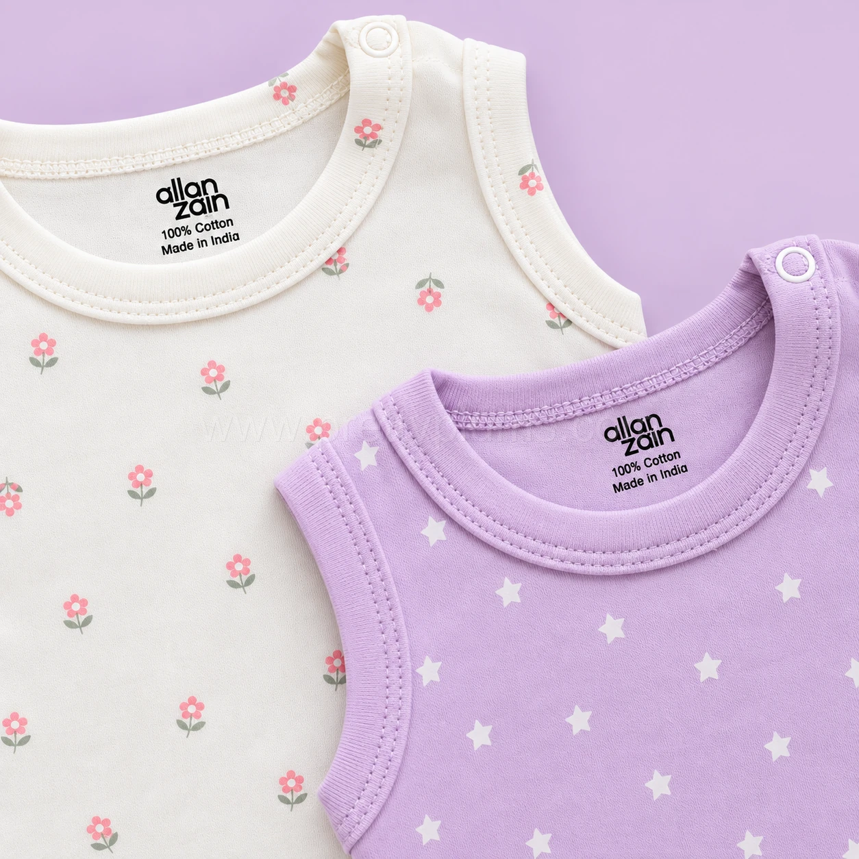 Sleeveless Romper/Onesie - Combo Pack of 2 - Pink Floral - Purple with White Star - AZBS - Image 2