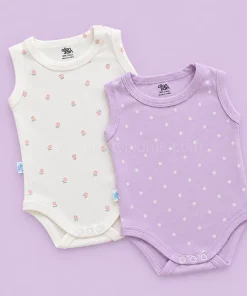 Sleeveless Romper/Onesie - Combo Pack of 2 - Pink Floral - Purple with White Star - AZBS