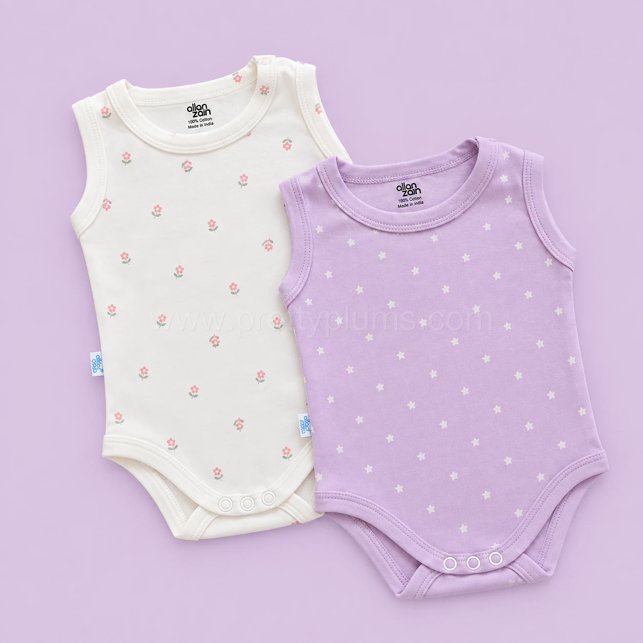 Sleeveless Romper/Onesie - Combo Pack of 2 - Pink Floral - Purple with White Star - AZBS