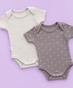 Half Sleeve Romper/Onesie - Combo Pack of 2- Grey with White Dot and Light Beige with Black Dots - AZBS