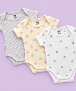 Half Sleeve Romper/Onesie - Combo Pack of 3 - Honeybee, Yellow Stripe and Grey Stripe - AZBS