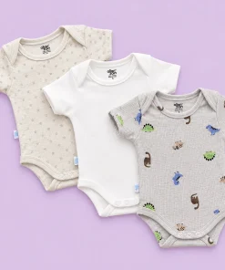 Half Sleeve Romper/Onesie - Combo Pack of 3 - Dino, Off White and Sun - AZBS