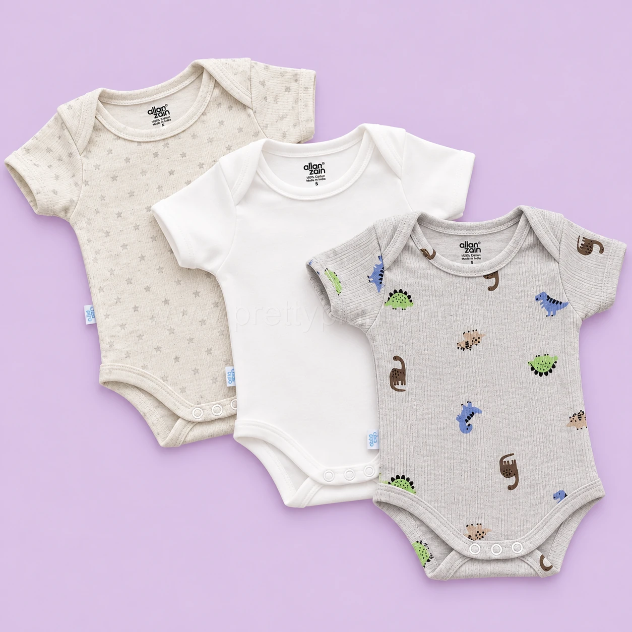 Half Sleeve Romper/Onesie - Combo Pack of 3 - Dino, Off White and Sun - AZBS