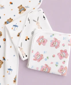 Double-Layer Muslin Terry Mix Bath Towel Combo Pack of 3 - Teddy, Rabbit and Pink Teddy - BT1