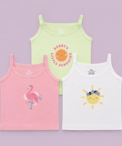 Baby Girl 3-Pack Cotton Camisoles - Green , Pink , Off White - GTP1