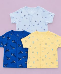 Unisex 3-Pack Cotton Half Sleeve Jhabla - Dark Blue Whale , Blue Boat , Yellow Beach - JH1