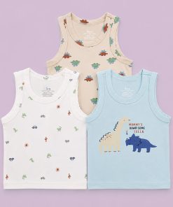 Baby Boy 3-Pack Cotton Vest - Beige Dino , White Animal and Car , Light Green Dino - VSL