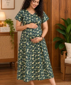 Maternity Feeding A-line Kurthy - Dark Green with Yellow print - MFK
