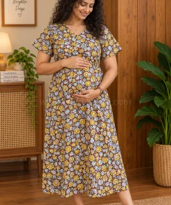 Maternity Feeding A-line Kurthy - Brown with Yellow Flower print - MFK