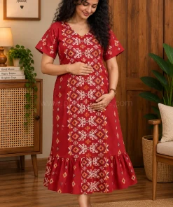 Maternity/ Feeding dress - PPMFK - Color with Front Box Print - Red