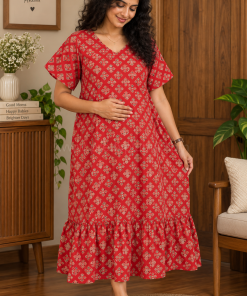 Maternity/ Feeding dress - PPMFK - Color with Cream Triangle Floral - Red
