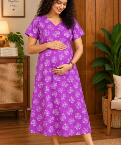 Maternity Feeding A-line Kurthy - Purple with  with White Floral Print - MFK