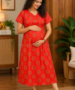 Maternity Feeding A-line Kurthy - Red with Cream and Green Print - MFK
