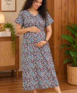 Maternity Feeding A-line Kurthy - Brown with Blue Leaf print - MFK