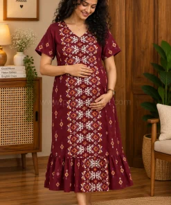 Maternity/ Feeding dress - PPMFK - Color with Front Box Print - Maroon