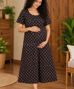 Daily Wear Maternity/ Feeding Dress - DMFK - Black with Red Triangle Print