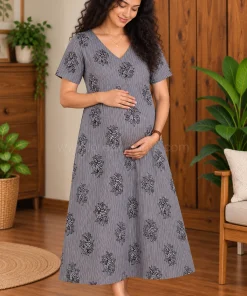 Maternity Feeding A-line Kurthy - Grey Strip with Big Floral - MFK