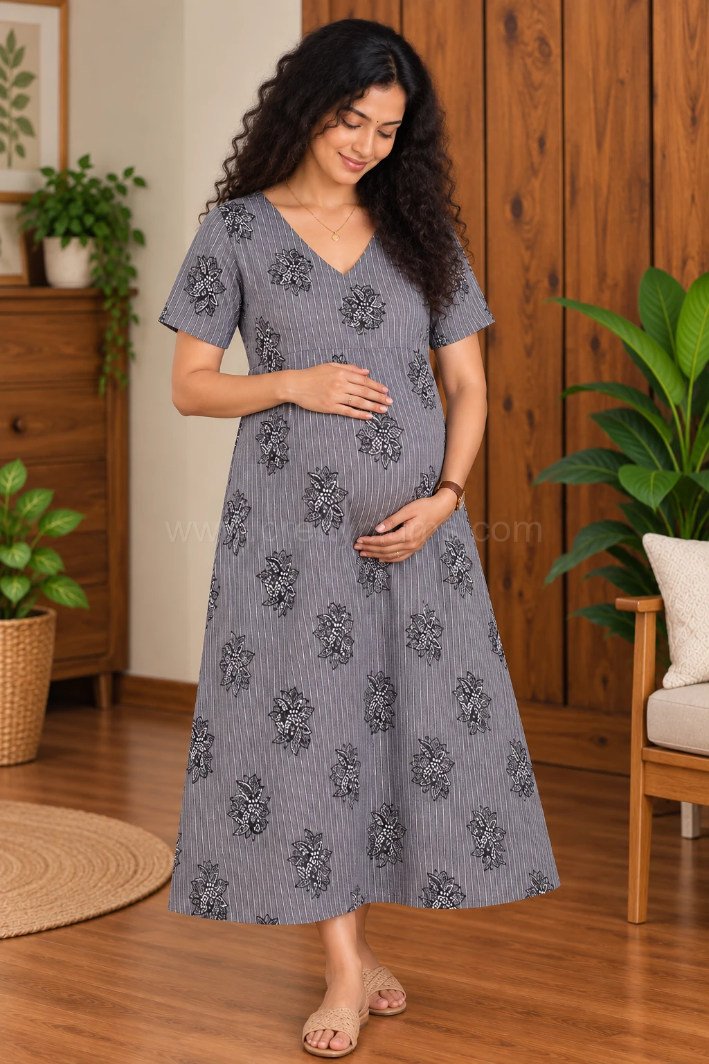 Maternity Feeding A-line Kurthy - Grey Strip with Big Floral - MFK