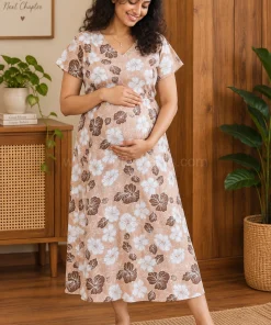 Maternity Feeding A-line Kurthy - Light Brown With White Flower Print - MFK