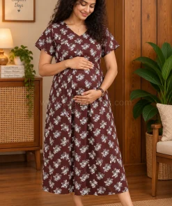 Maternity Feeding A-line Kurthy - Coffee Brown with White Floral Print - MFK