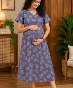 Maternity Feeding A-line Kurthy - Grey with White Leaf Print - MFK
