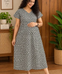 Maternity Feeding A-line Kurthy - Dark Green with Umbrella print - MFK