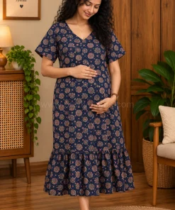 Maternity/ Feeding dress - PPMFK - Color with Cream Round Floral - Dark Blue
