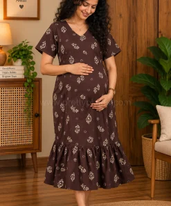 Maternity/ Feeding dress - PPMFK - Color with Mango Print with Leaf - Coffee Brown