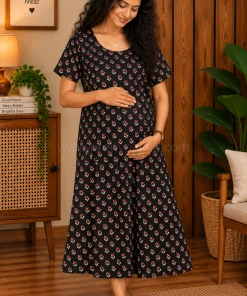 Daily Wear Maternity/ Feeding Dress - DMFK - Black and Cream - Round Floral Print