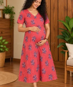 Maternity Feeding A-line Kurthy - Red Strip with Big Floral - MFK