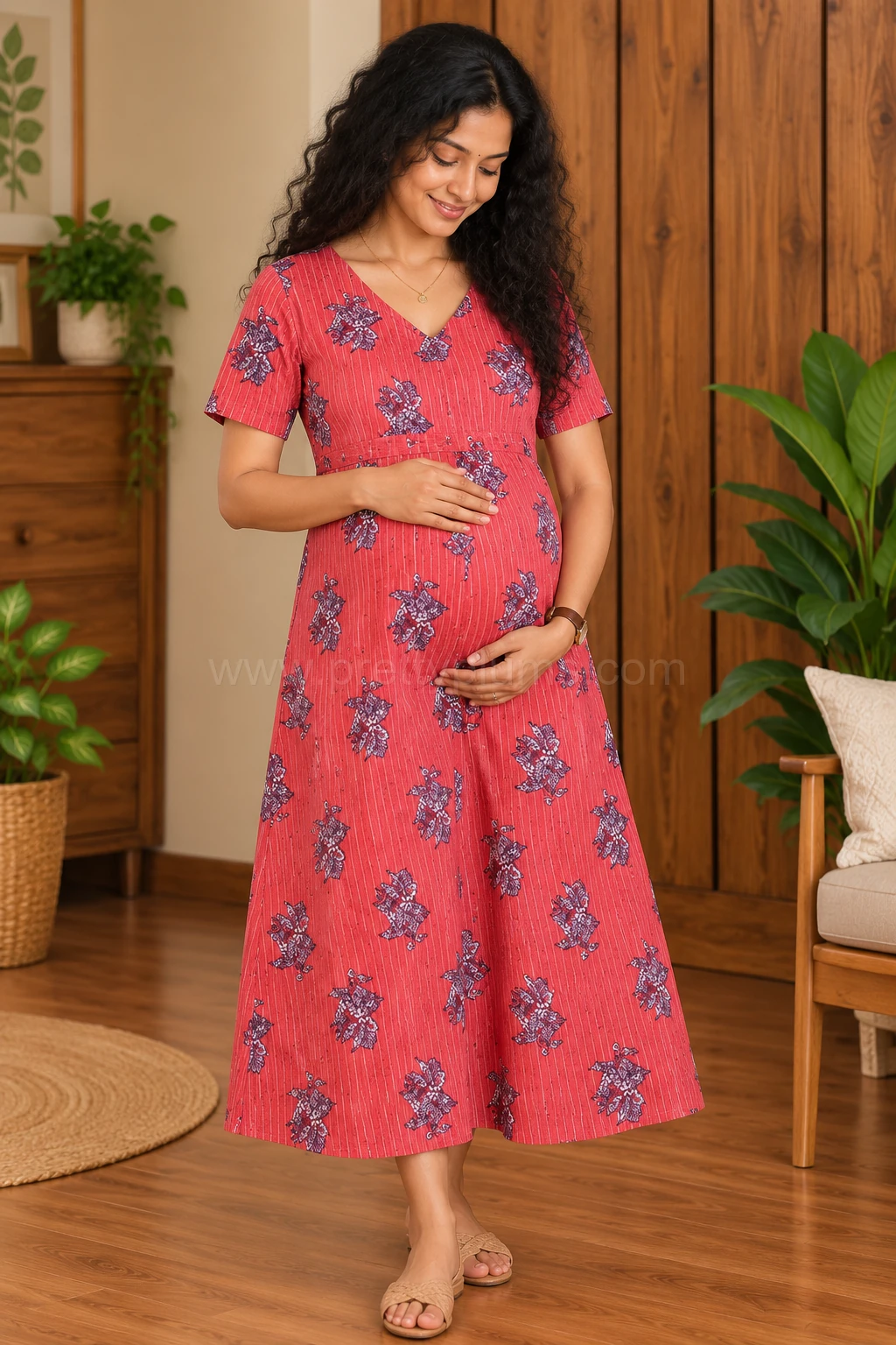 Maternity Feeding A-line Kurthy - Red Strip with Big Floral - MFK