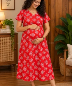 Maternity Feeding A-line Kurthy - Red with White Floral Print - MFK