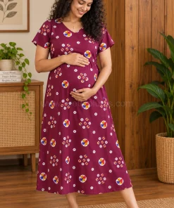 Maternity Feeding A-line Kurthy - Maroon with White print - MFK