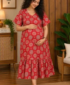 Maternity/ Feeding dress - PPMFK - Color with Cream Round Floral - Red