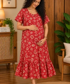 Maternity/ Feeding dress - MFK - Mango Print - Red