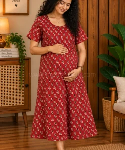 Daily Wear Maternity/ Feeding Dress - DMFK - Red and Cream - Round Floral Print